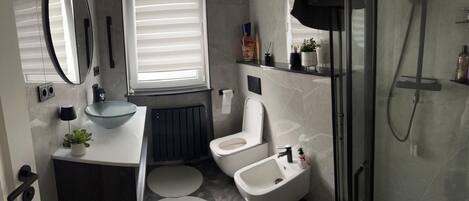 A modern bathroom with a toilet, bidet, sink, and a glass shower enclosure.