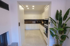 Una cocina moderna con armarios blancos, encimera negra y una planta verde grande.