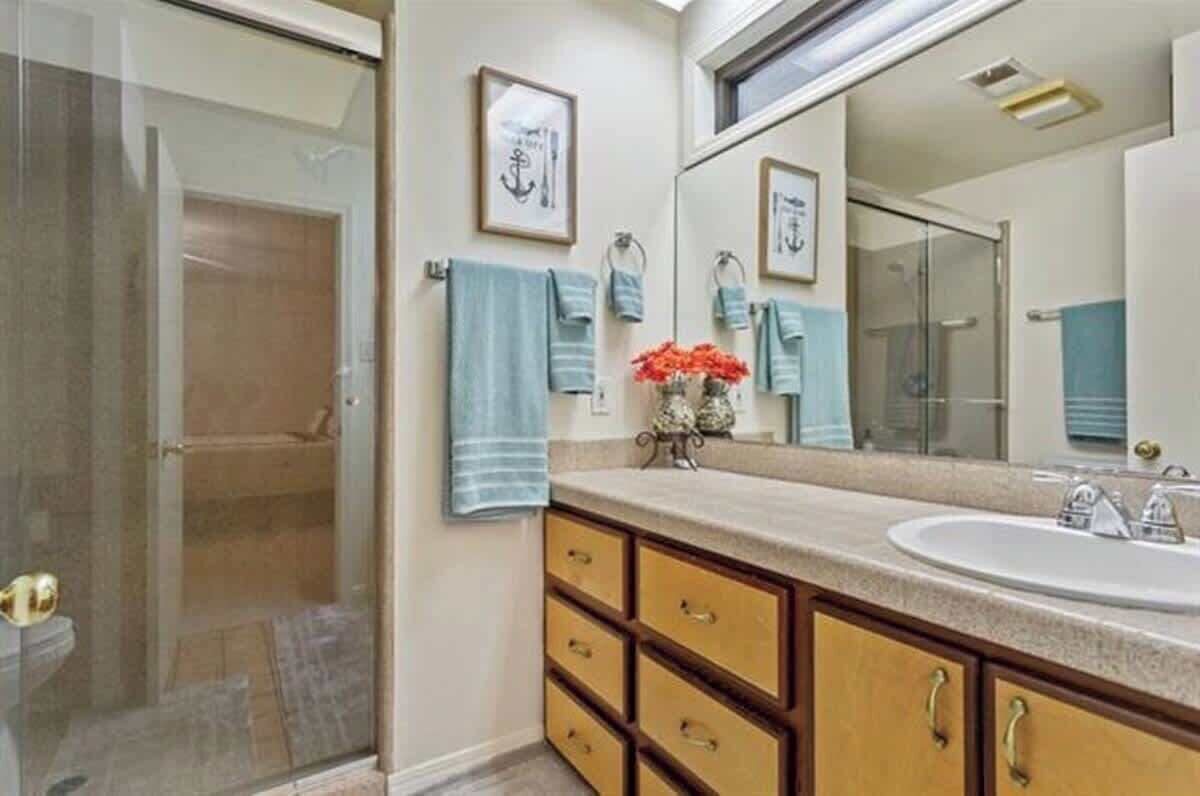 Shower, hair dryer, shampoo