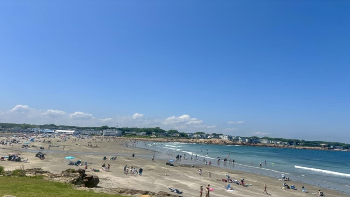 A beach with people, umbrellas, and a clear sky.