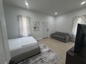 Een slaapkamer met een bed, een bank, een televisie en een deur.