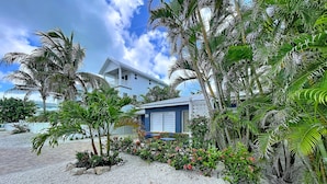 Une maison moderne dotée d’un porche abrité, entourée d’une végétation tropicale et bordée d’une allée en gravier.