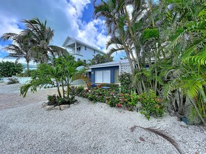 A modern house with a covered porch, surrounded by tropical vegetation and a gravel driveway.