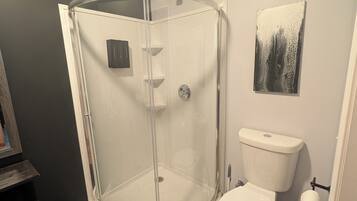 Shower, eco-friendly toiletries, hair dryer, towels
