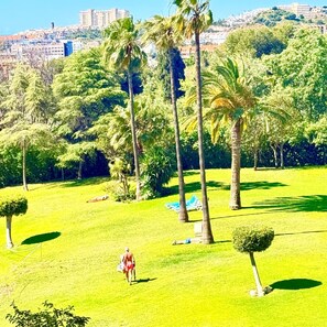 A park with palm trees, a grassy area, and a person walking. - Charming apartment in Minerva Building, just a short walk from the beach in Arroyo de la Miel (Arroyo de la Miel)