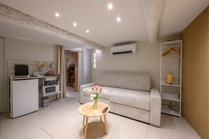 Un espacio habitable compacto con kitchenette, un sofá, una pequeña mesa redonda con un florero y un vestidor.
