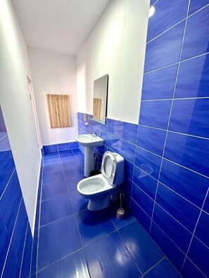 A bathroom with two toilets, a sink, and a mirror. - Hotel7 (Kapchagay)