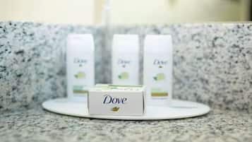 Séchoir à cheveux, serviettes fournies, savon, papier de toilette