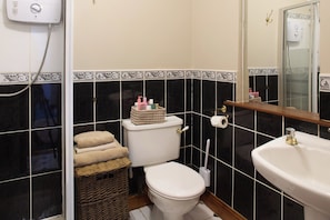 Une salle de bain comprenant des toilettes, un lavabo, un miroir et une douche.