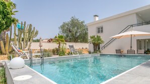 A rectangular swimming pool with clear blue water, surrounded by a stone deck. There are lounge chairs and umbrellas, and a cactus plant is visible in the background.
