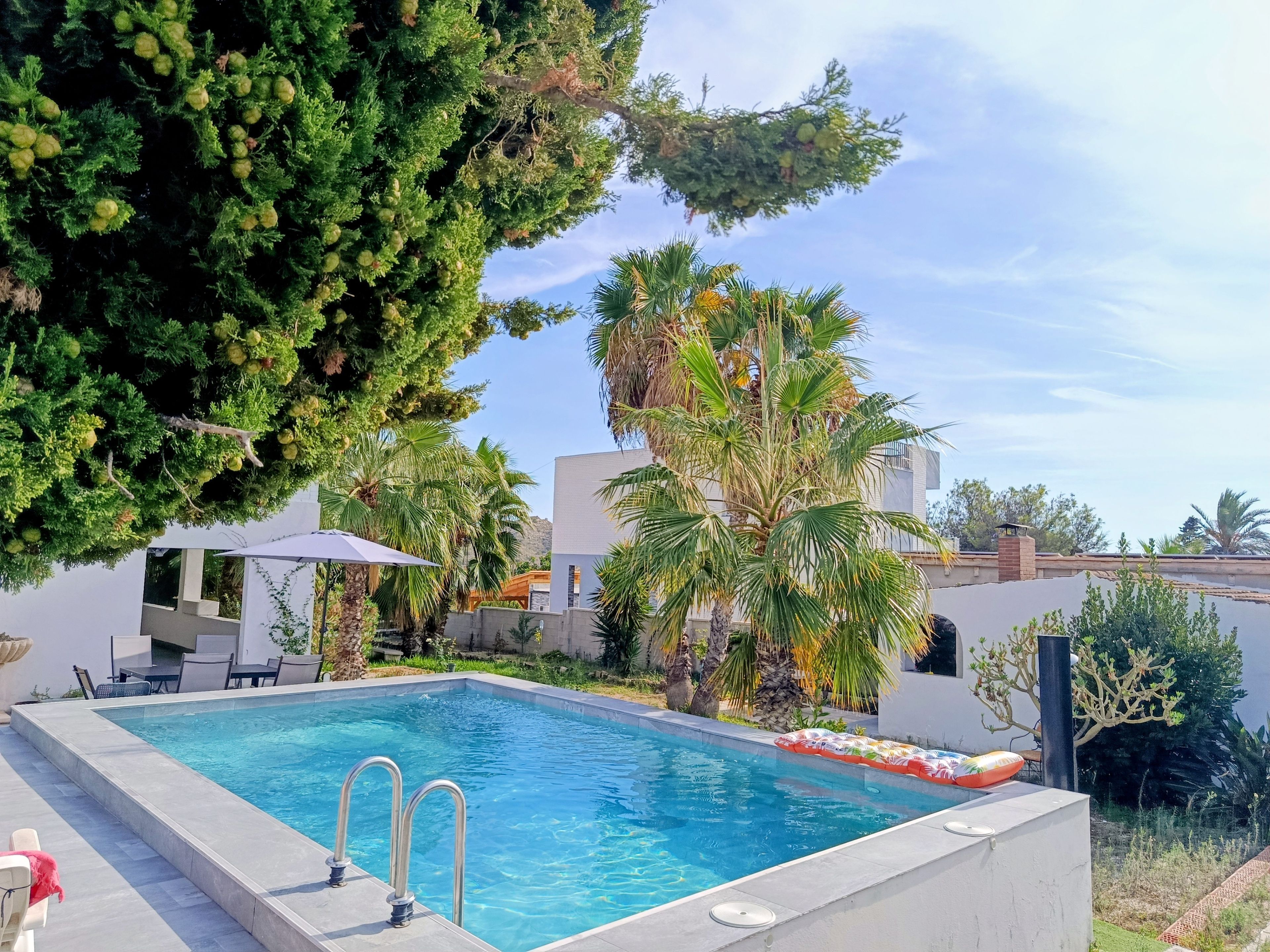 A rectangular swimming pool with two metal ladders, surrounded by greenery and modern buildings.