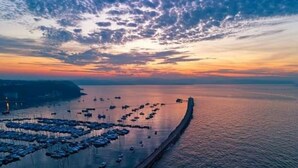 Una marina costera con barcos amarrados a lo largo de un muelle.
