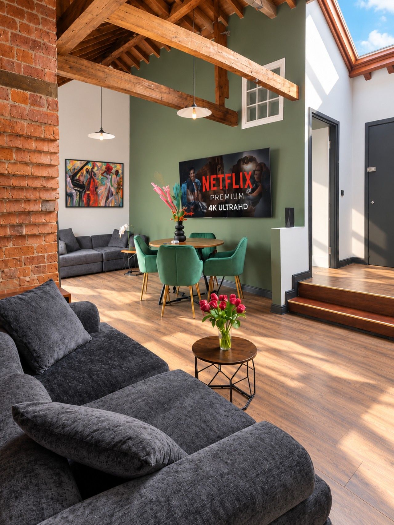 A modern living room with a grey sectional sofa, a round coffee table with a vase of flowers, and a dining area with green chairs. A large Netflix sign is visible on the wall.