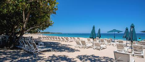 Une plage bordée de rangées de transats et de parasols, un ciel bleu azur et un arbre offrant de l’ombre.
