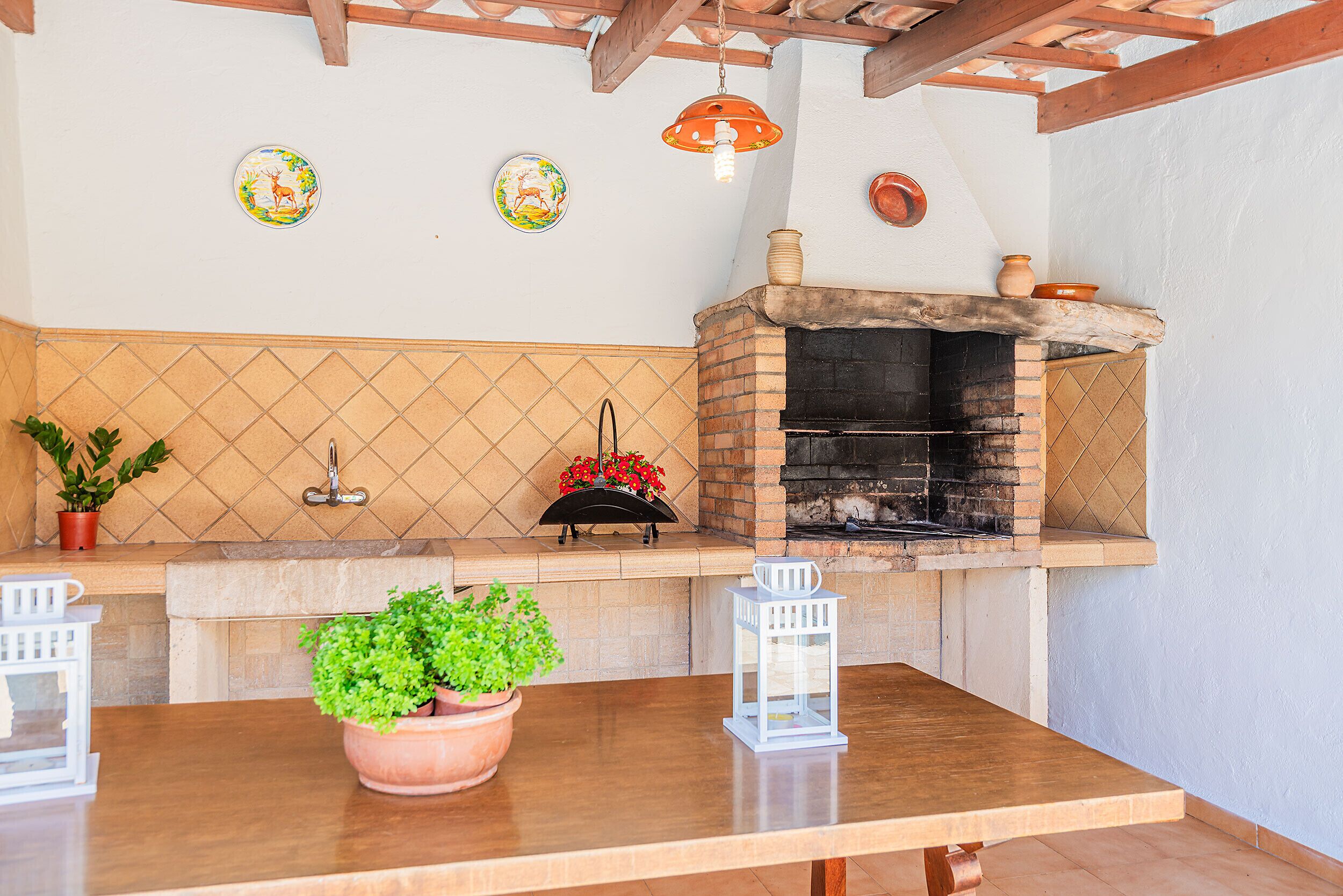 Una cocina con horno de ladrillo, plantas en macetas y una mesa de madera.