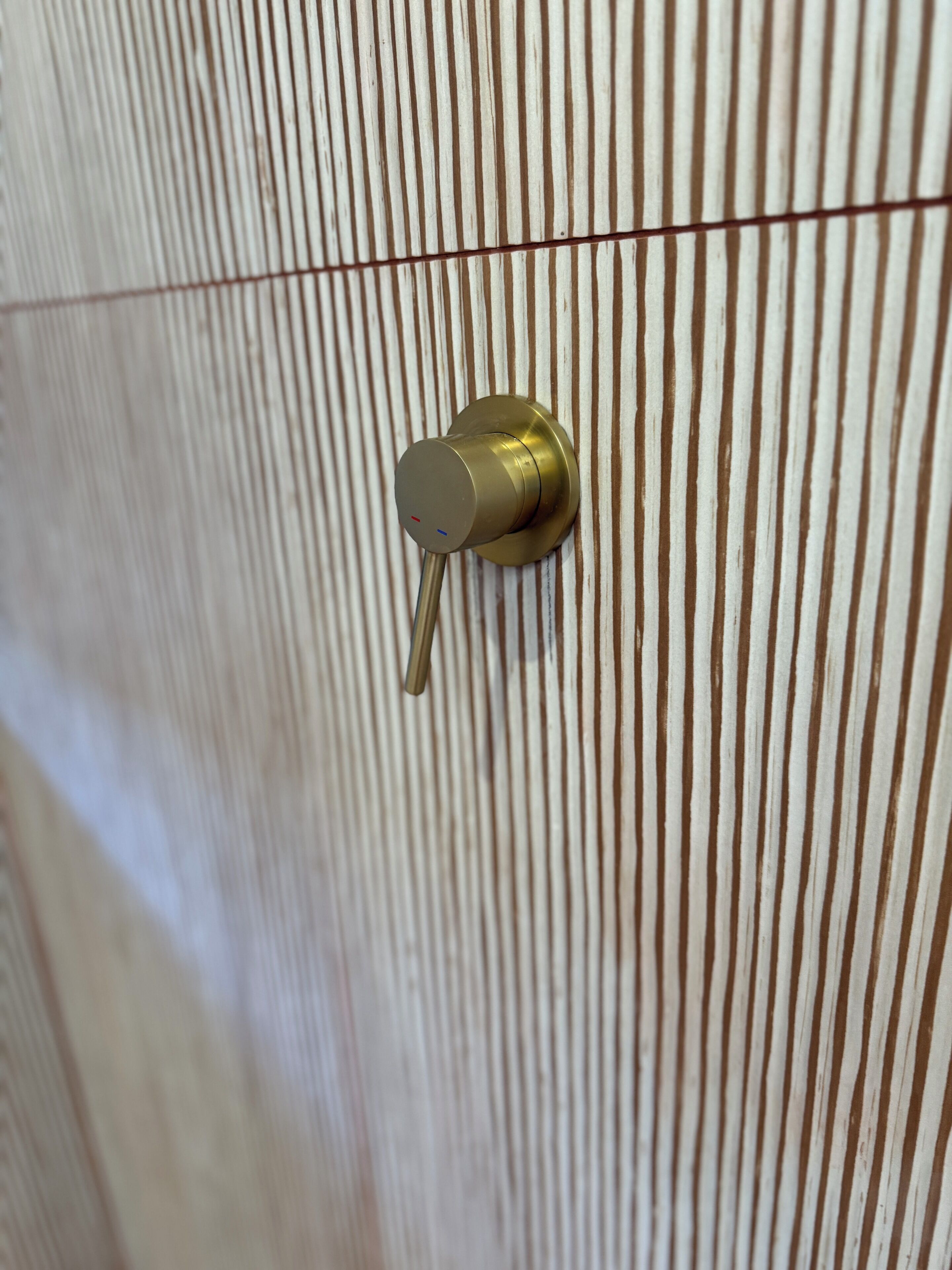 A brass door handle on a textured wall.