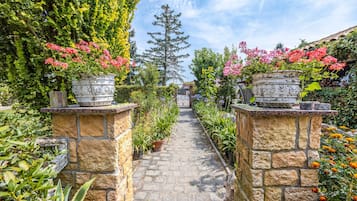 A stone pathway leading through a garden with potted plants and flowers.