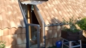 Un edificio con techo de tejas, una puerta que da a un espacio interior, una pequeña zona ajardinada con una maceta y un contenedor azul.