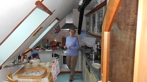 A kitchen with a sloped ceiling, a stove, and various kitchen items. - Apartment 'Für 3 Personen 60 M²' with Shared Garden, Balcony and Wi-Fi (Harzgerode)