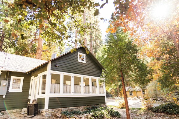 A cabin with a porch, surrounded by trees and a stone wall.