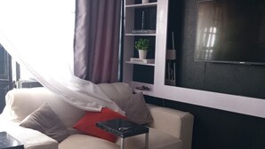 Un soggiorno con divano, un tavolino, televisore e una mensola con oggetti decorativi.