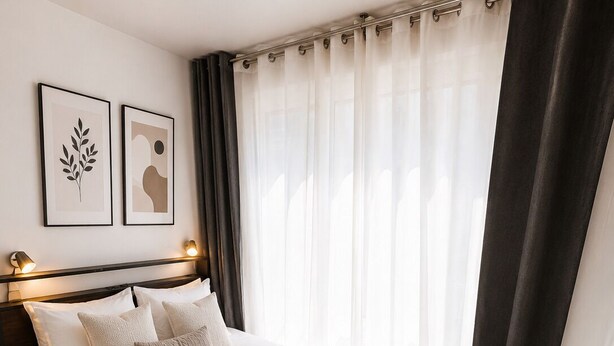 A neatly made bed with white linens and rolled towels, a dark wooden headboard, and a large window with sheer curtains. - Cozy apartment just outside Paris – Clichy (Clichy)