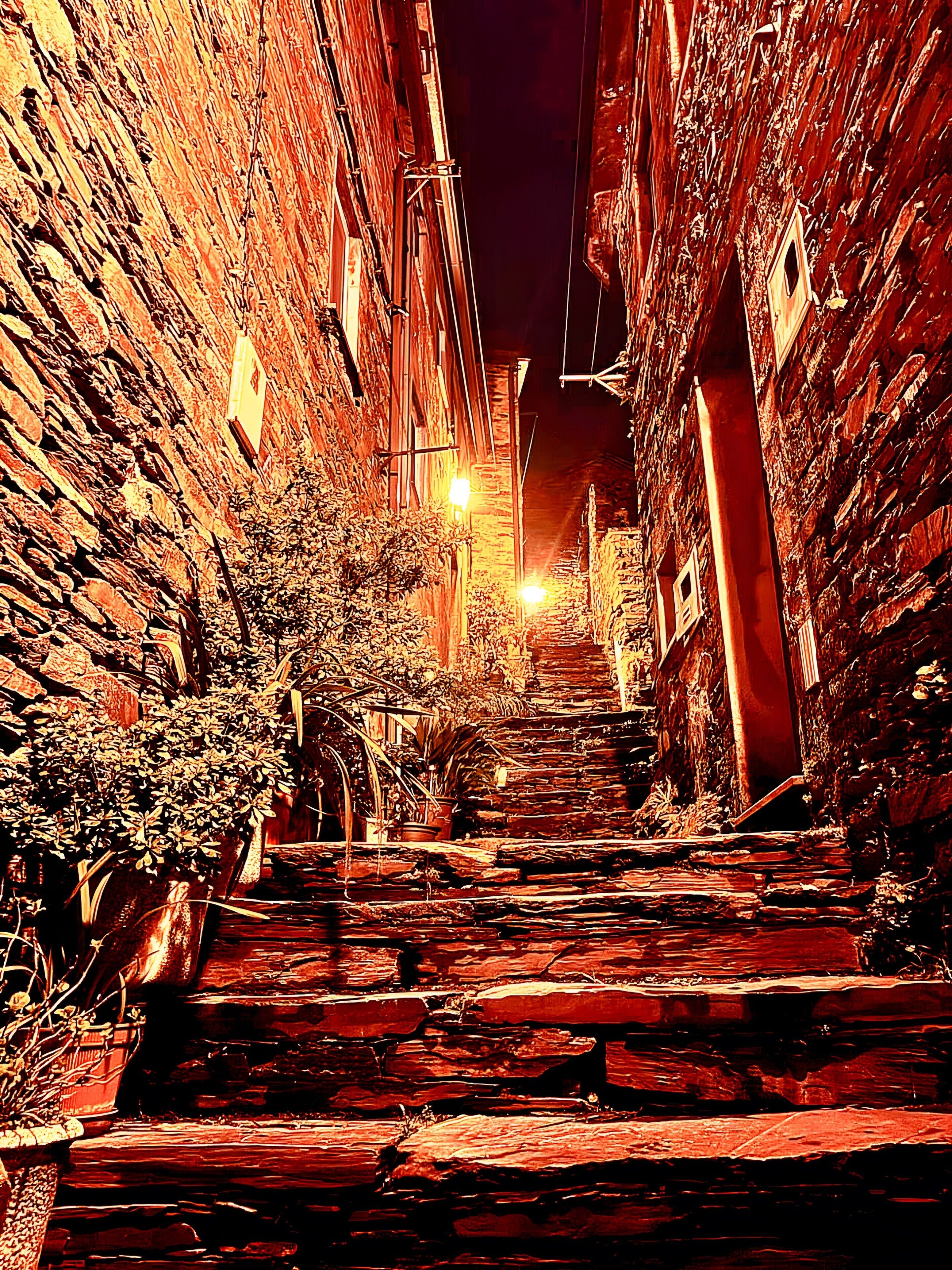 A narrow alleyway with brick walls and potted plants.