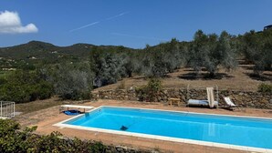 Ein Schwimmbecken mit einer Steinmauer und einer Steinsitzbank, umgeben von Olivenbäumen und Blick auf Hügel.