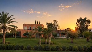 Una casa moderna amb un jardí ben cuidat i palmeres.