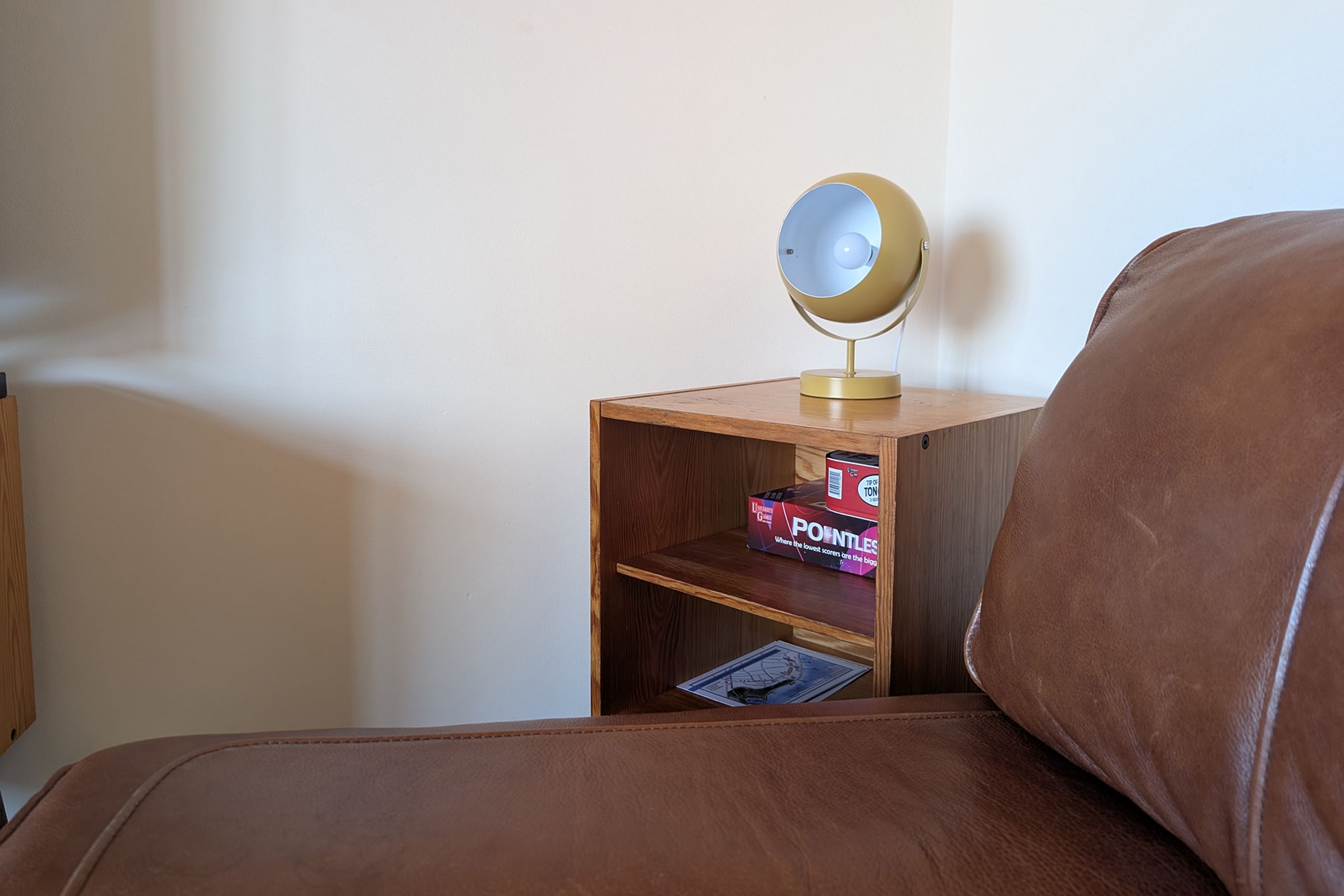 A bedroom with a brown leather bed, a wooden nightstand with a round mirror, and a box of Poinsettia flowers.