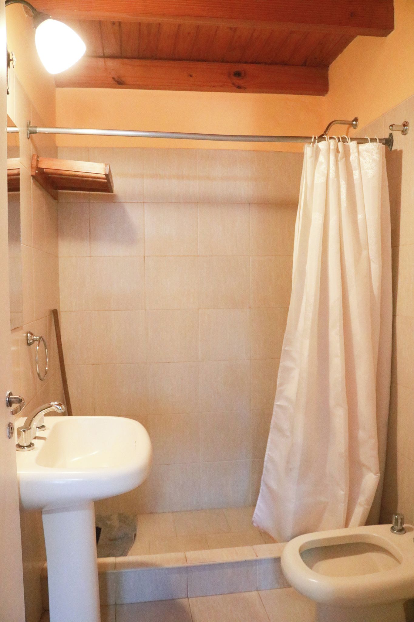 A bathroom with a shower, a sink, and a toilet.