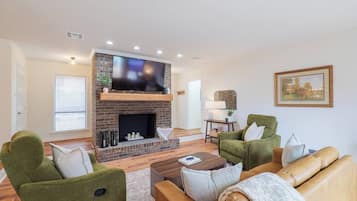 TV, fireplace, books