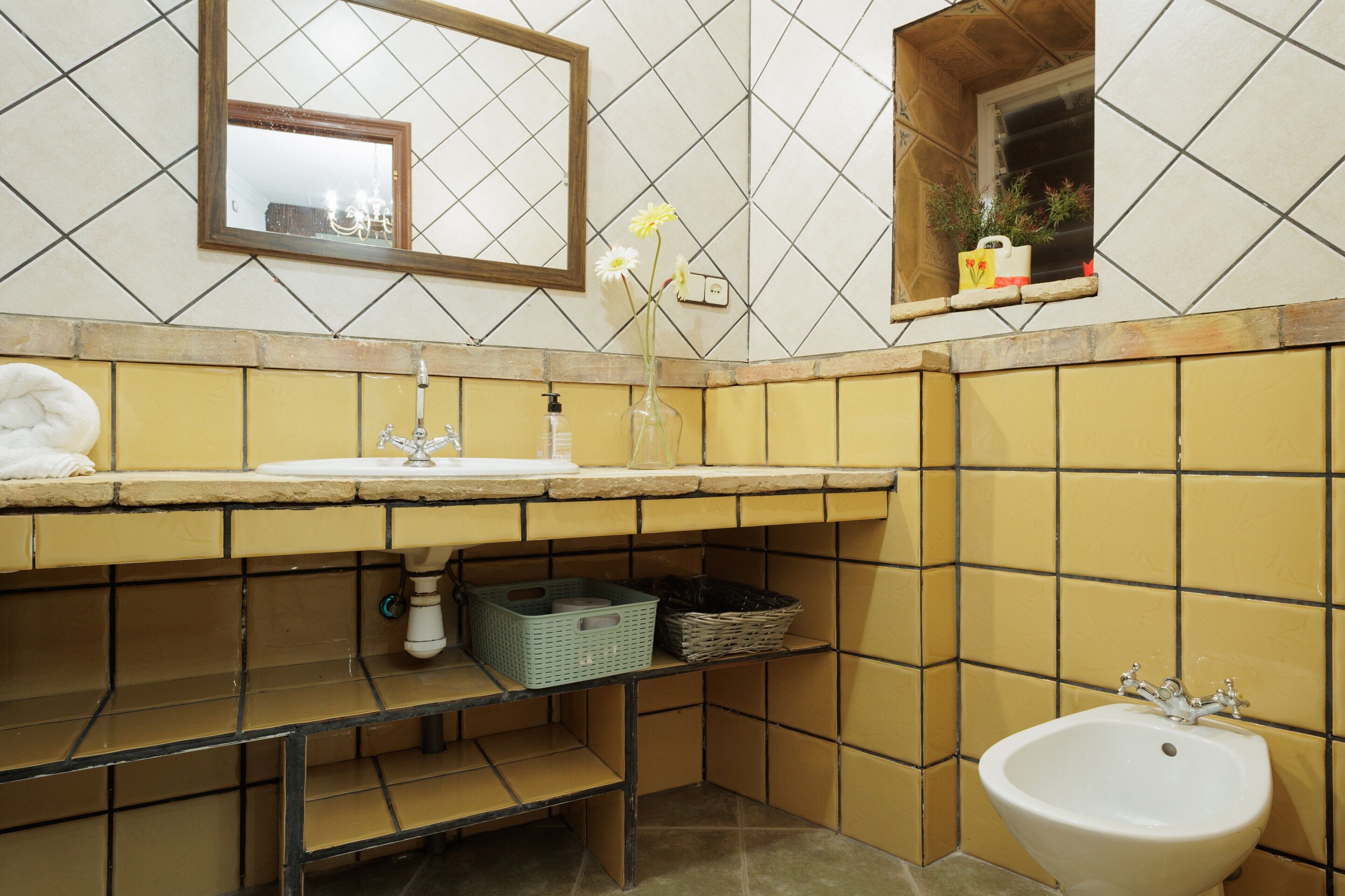 Baño con lavamanos, espejo y bidé. Se observa una estantería con una planta y una cesta.