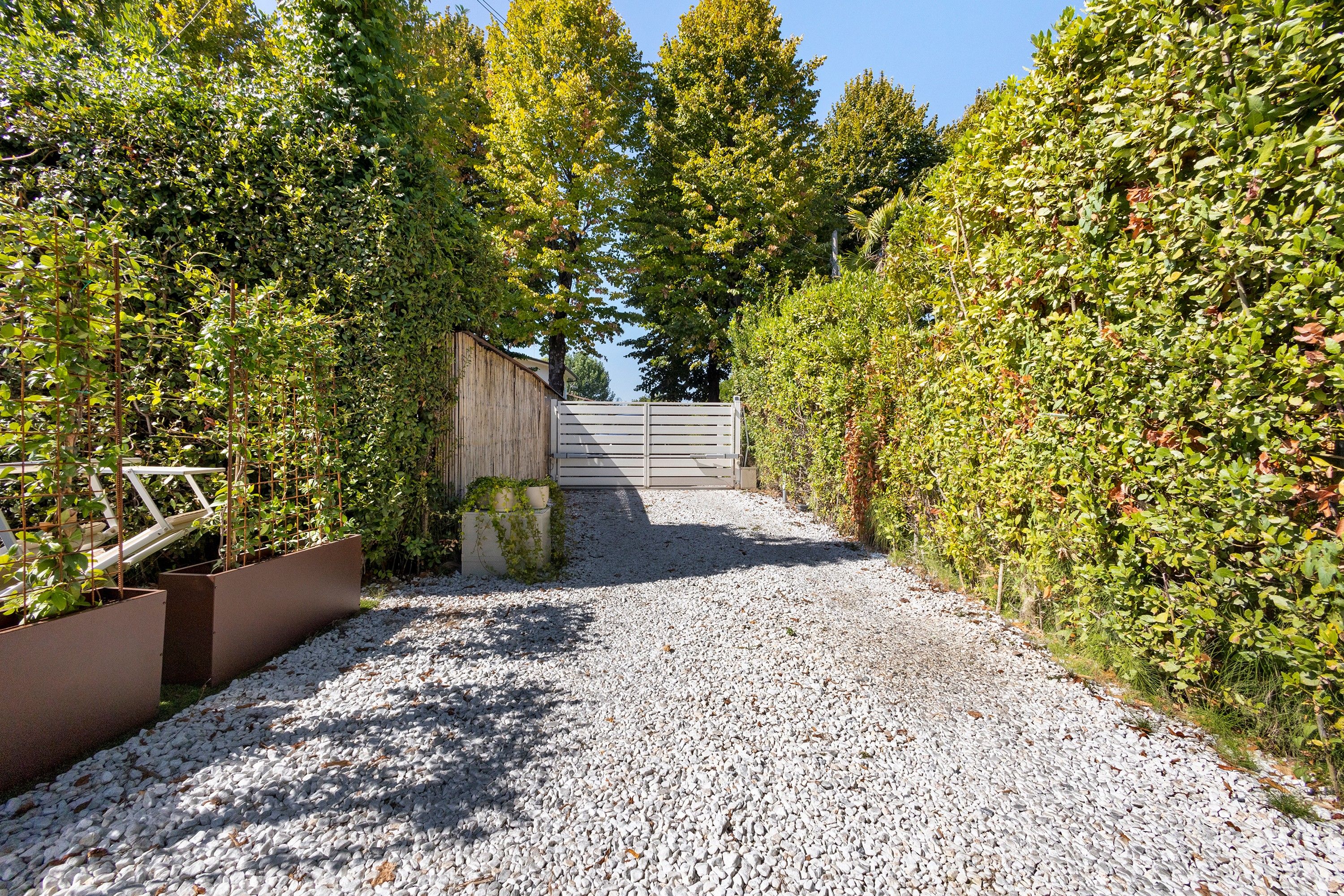 A gravel pathway leading to a gated entrance surrounded by dense foliage.