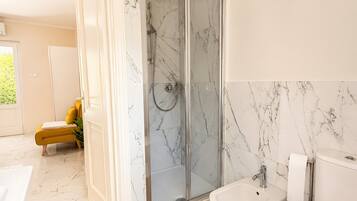 Shower, hair dryer, towels