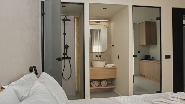 Quarto de hotel com cama, banheiro com pia e espelho, e um closet espaçoso.