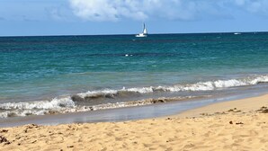 Una playa con agua cristalina, una orilla arenosa y un velero a lo lejos.