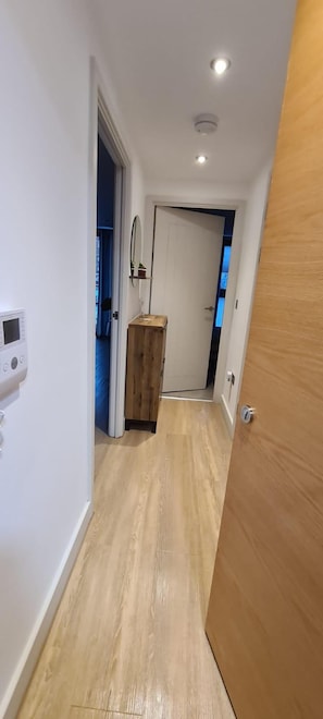 Ein schmaler Korridor mit Holzboden, einer weißen Tür am Ende und einem kleinen Holzschrank.
