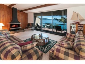 Smart TV, fireplace, DVD player, books