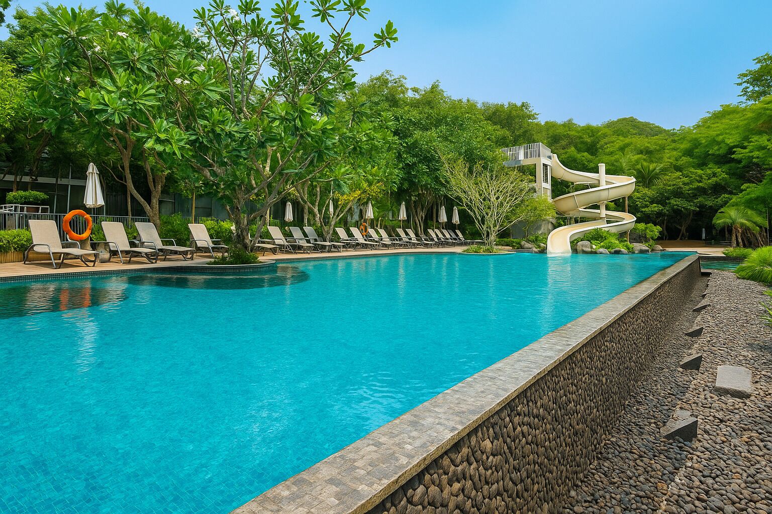 A swimming pool with a slide, lounge chairs, and trees.