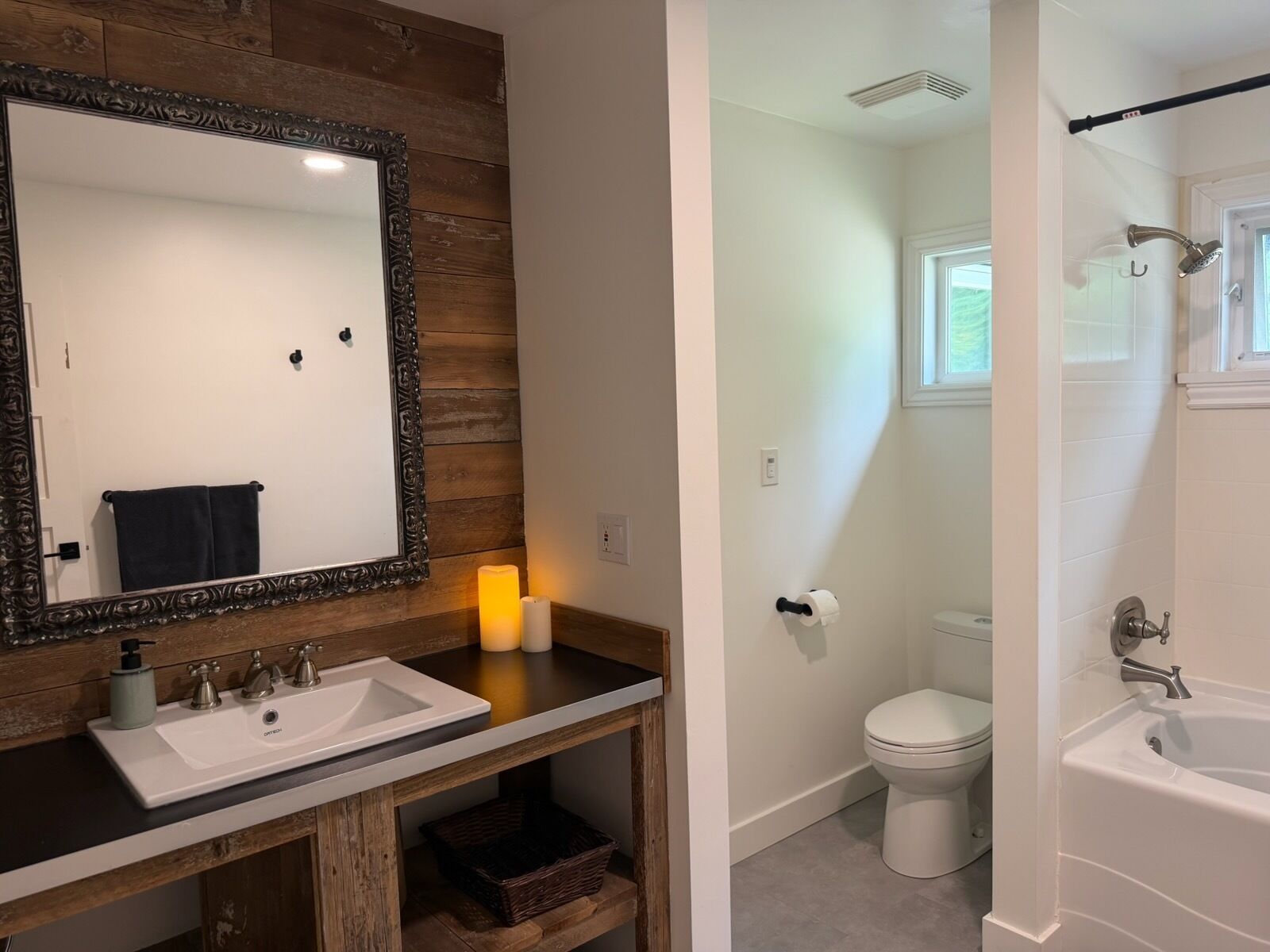 Hair dryer, towels, soap, toilet paper