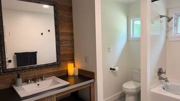 Hair dryer, towels, soap, toilet paper