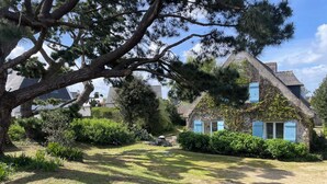 Ein Haus mit Schrägdach, umgeben von einem Garten mit verschiedenen Pflanzen und einem großen Baum.