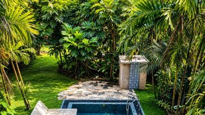 A rectangular swimming pool with a tiled edge, surrounded by lush greenery and a stone pathway. - this is turtle paradise, Bentota Sri Lanka (Kosgoda)