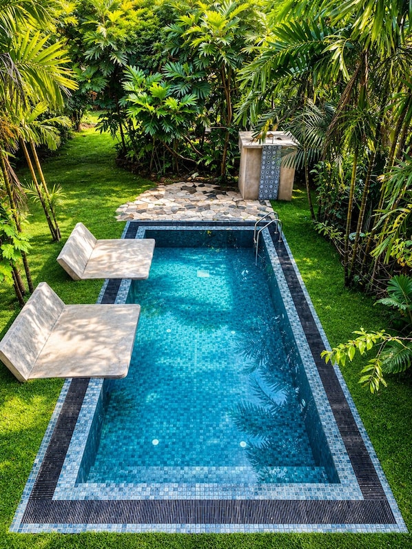 Una piscina rectangular con borde de azulejos, rodeada de exuberante vegetación y un camino de piedra.