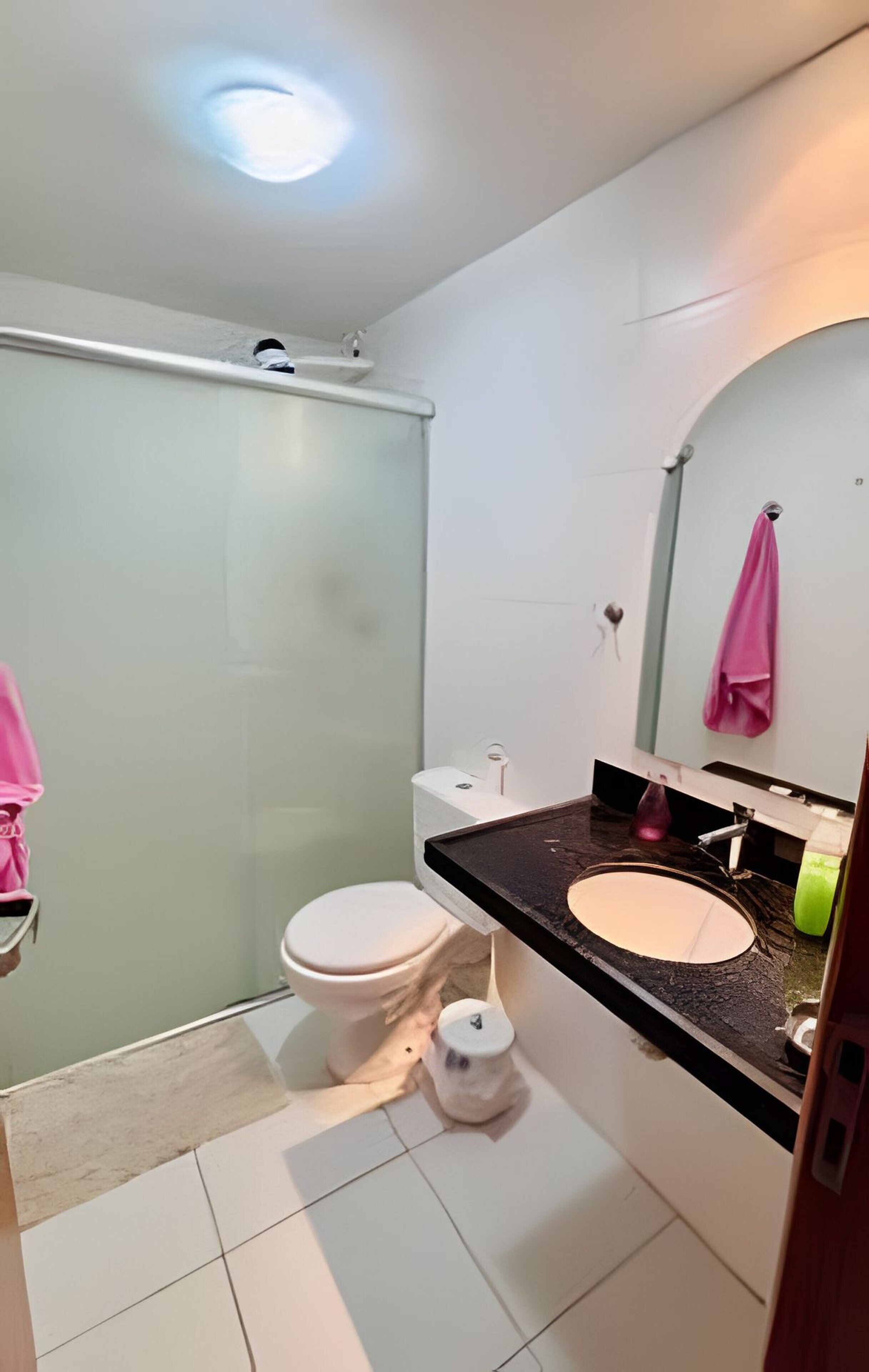 Ein modernes Badezimmer mit einer Duschkabine aus Glas, einer weißen Toilette, einem Waschbecken mit schwarzer Ablage und einem Spiegel, an dem ein pinkfarbenes Handtuch hängt.