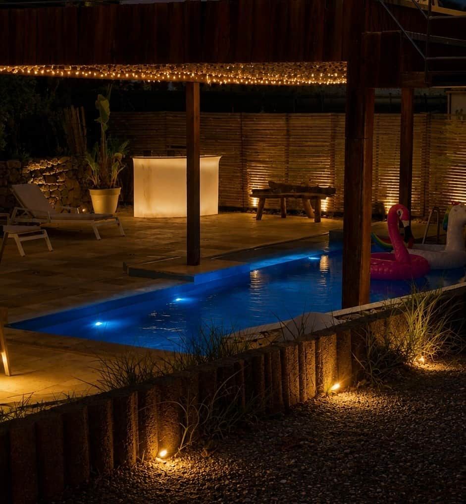 A swimming pool with a wooden deck, lounge chairs, and a flamingo float.