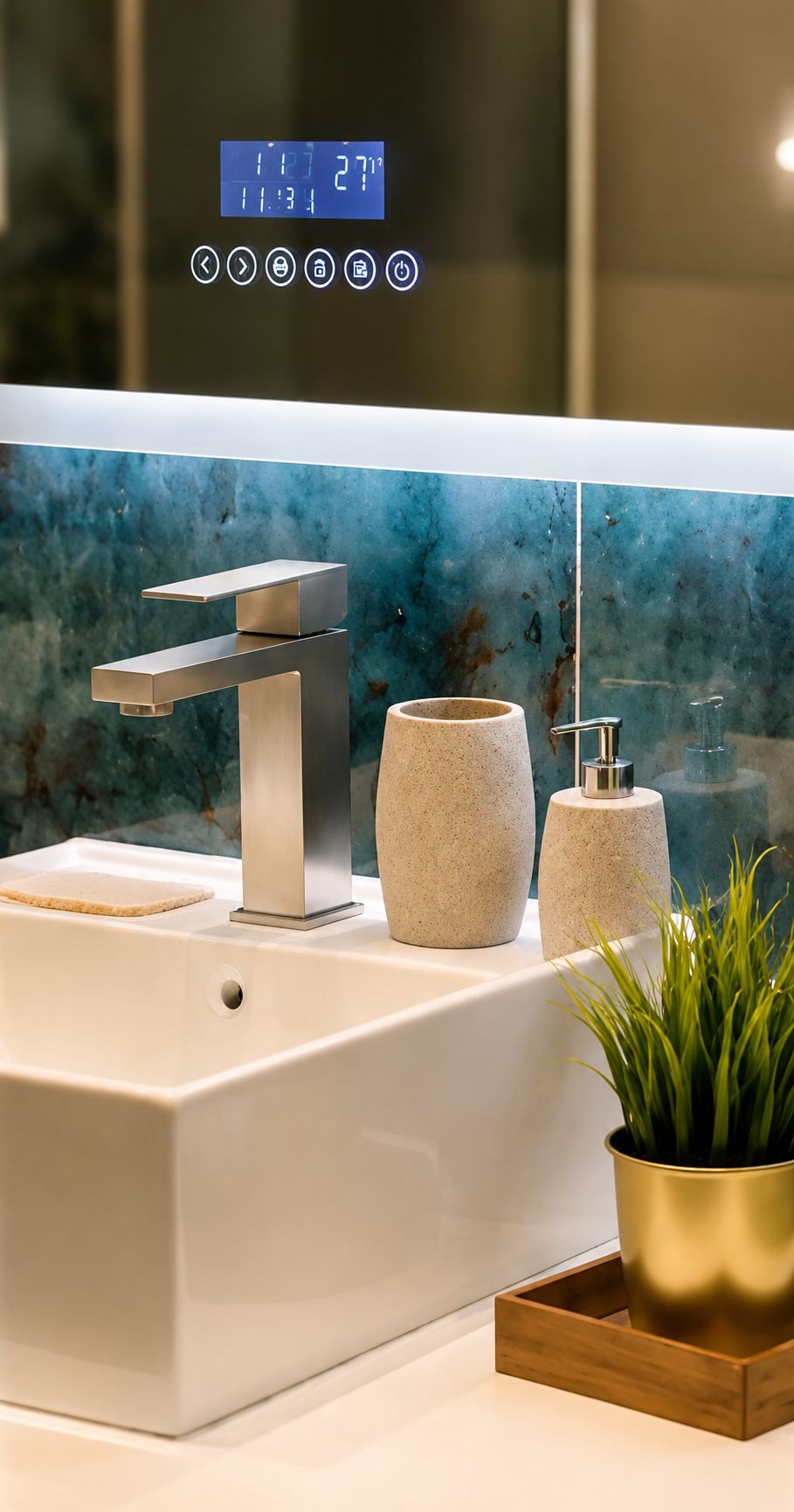 Ein modernes Badezimmer mit digitaler Uhr, elegantem Wasserhahn, Seifenspender und einer Topfpflanze.