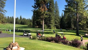 Ein Golfplatz mit Fahnenmast, Bäumen und Golfcarts.