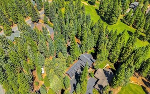 Vista aérea de una zona residencial con densos árboles de coníferas, un campo de golf y casas con techos oscuros.